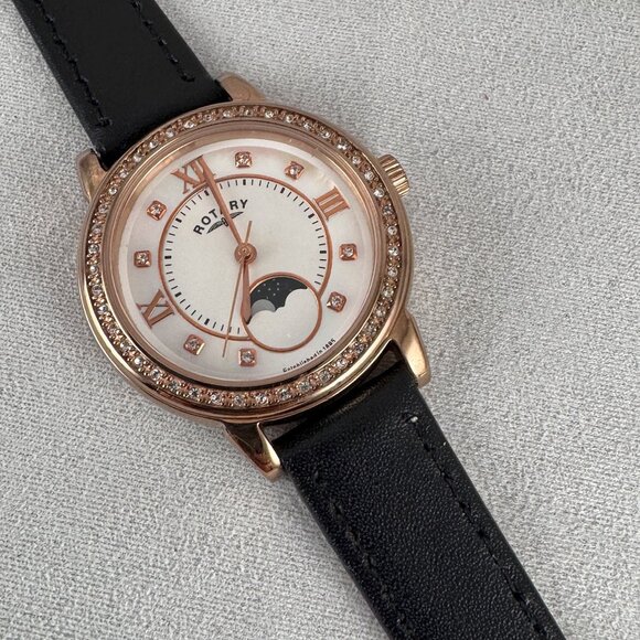 Swiss Rotary Moon Phase Watch, Stylish Polished Rose Gold Dazzling Crystal Bezel - Picture 3 of 8